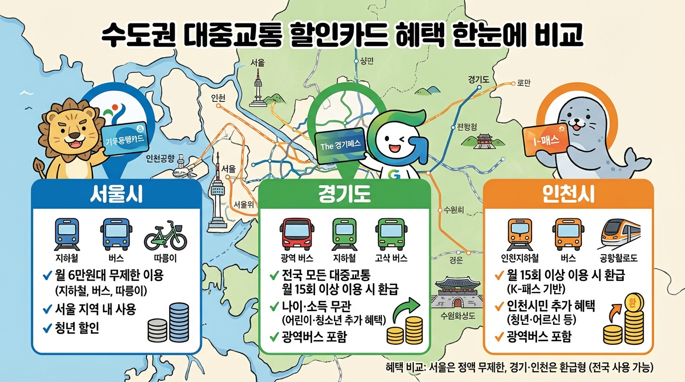 경기도, 인천, 서울의 대중교통 할인 카드 혜택 차이를 한눈에 보여주는 수도권 교통망 일러스트