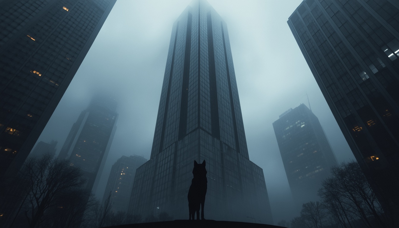 A silhouette of a wolf in front of a dark, modern skyscraper in a financial district.