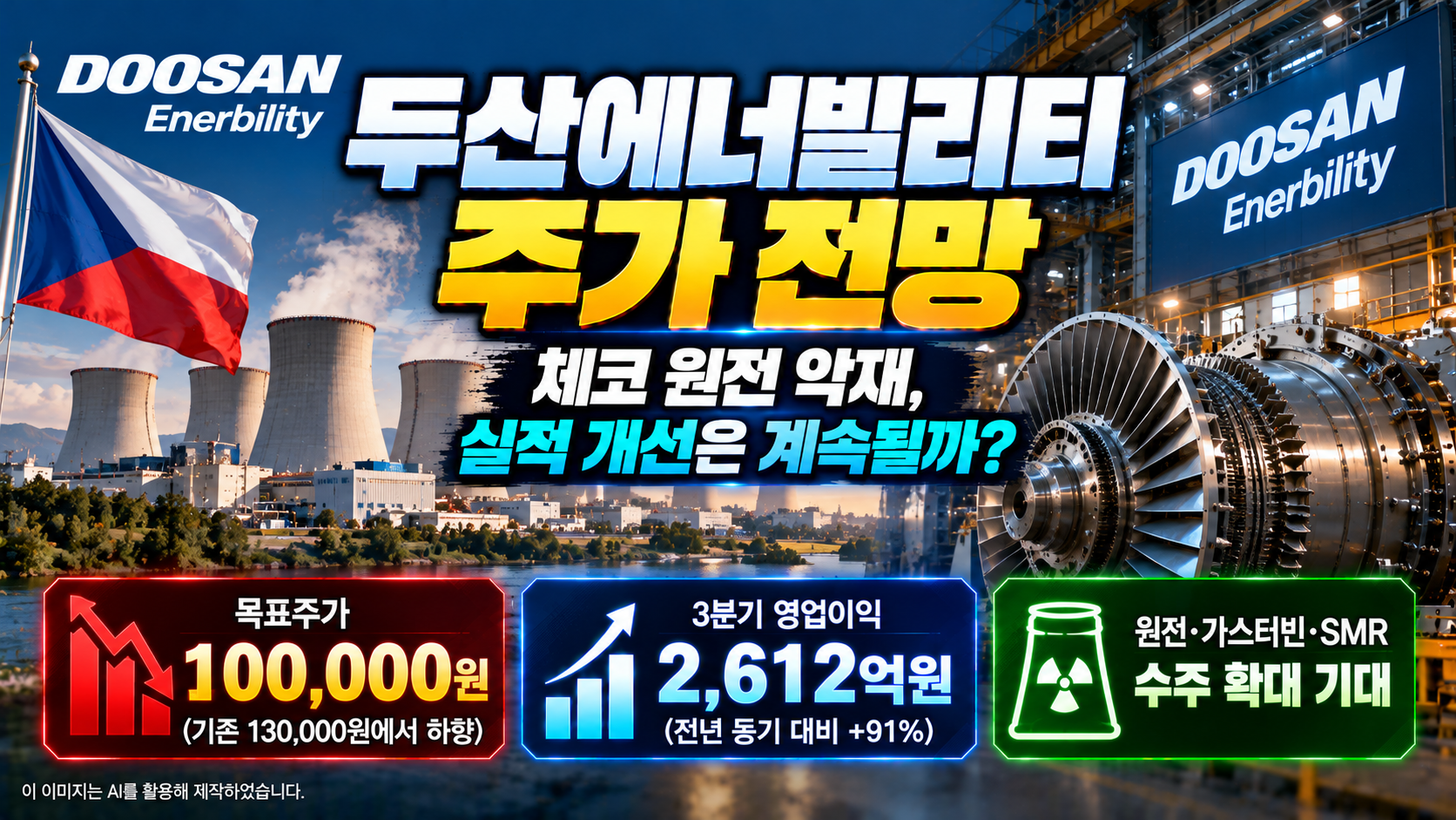 두산에너빌리티(034020) 주가 전망 및 기업분석, 체코 원전 시공 계약 불발에 따른 주가 하락 원인, 키움증권 목표주가 100,000원 하향, 2026년 3분기 영업이익 2,612억 원 기록과 원전&middot;가스터빈&middot;SMR 수주 확대 전망