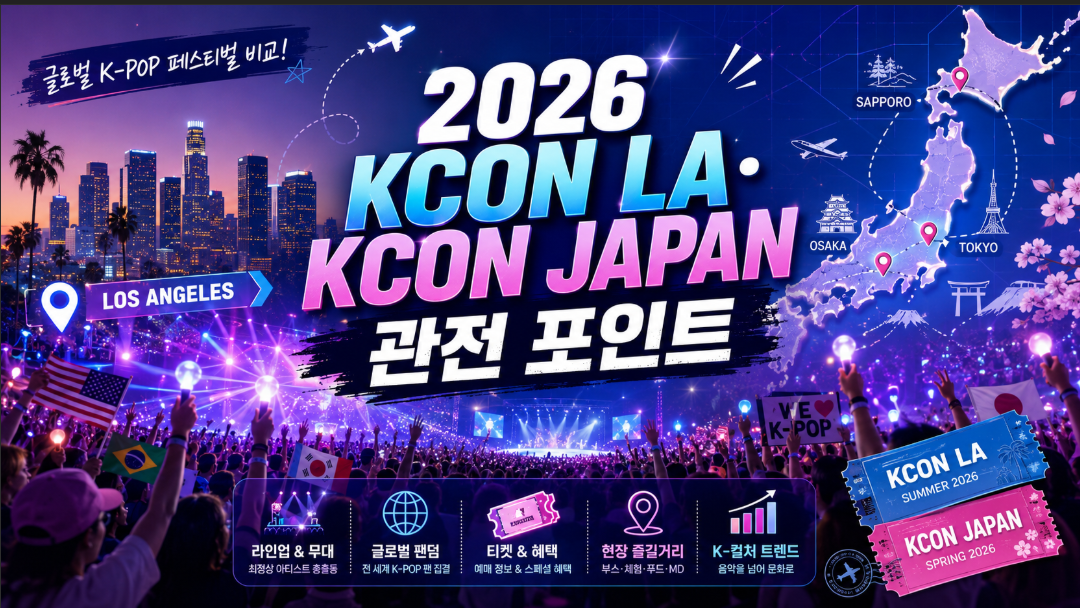 2026 KCON LA와 KCON JAPAN 일정 및 관전 포인트를 소개하는 글로벌 K-팝 축제 이미지
