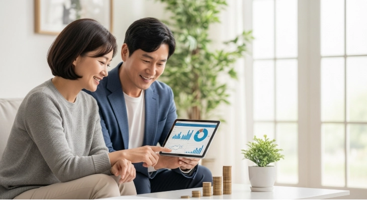 2026년 연말정산 환급금을 비과세 ISA 계좌로 현명하게 굴리는 4050세대 부부가 태블릿으로 재테크 계획을 확인하며 만족스럽게 웃는 모습