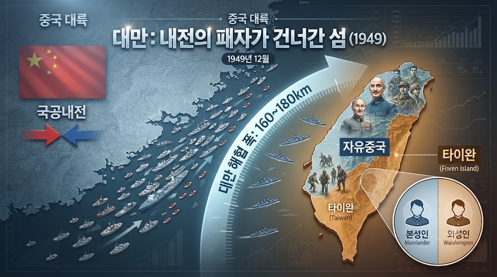 1949년 국공내전에서 패배한 장제스는 약 120만 명의 군인과 정부 인사를 이끌고 대만 해협을 건넜습니다. 이 내전의 결과가 만든 선은 1950년 한국전쟁 발발과 미 제7함대 배치로 국제적으로 고착화되었습니다. 중화민국과 대만이라는 두 이름 사이에서 살아가는 이 섬의 역사를 추적합니다.
