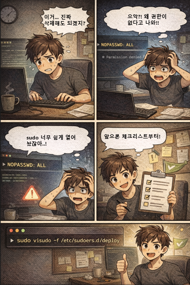sudo ์ค์ ๋ฐฉ์ง๋ฅผ ์ํ 4์ปท ๋งํ: ์ํํ ๋ช
๋ น ์คํ, ๊ถํ ์ค๋ฅ, ์ค์ ์๊ฐ, ์ฒดํฌ๋ฆฌ์คํธ ๊ฐ์