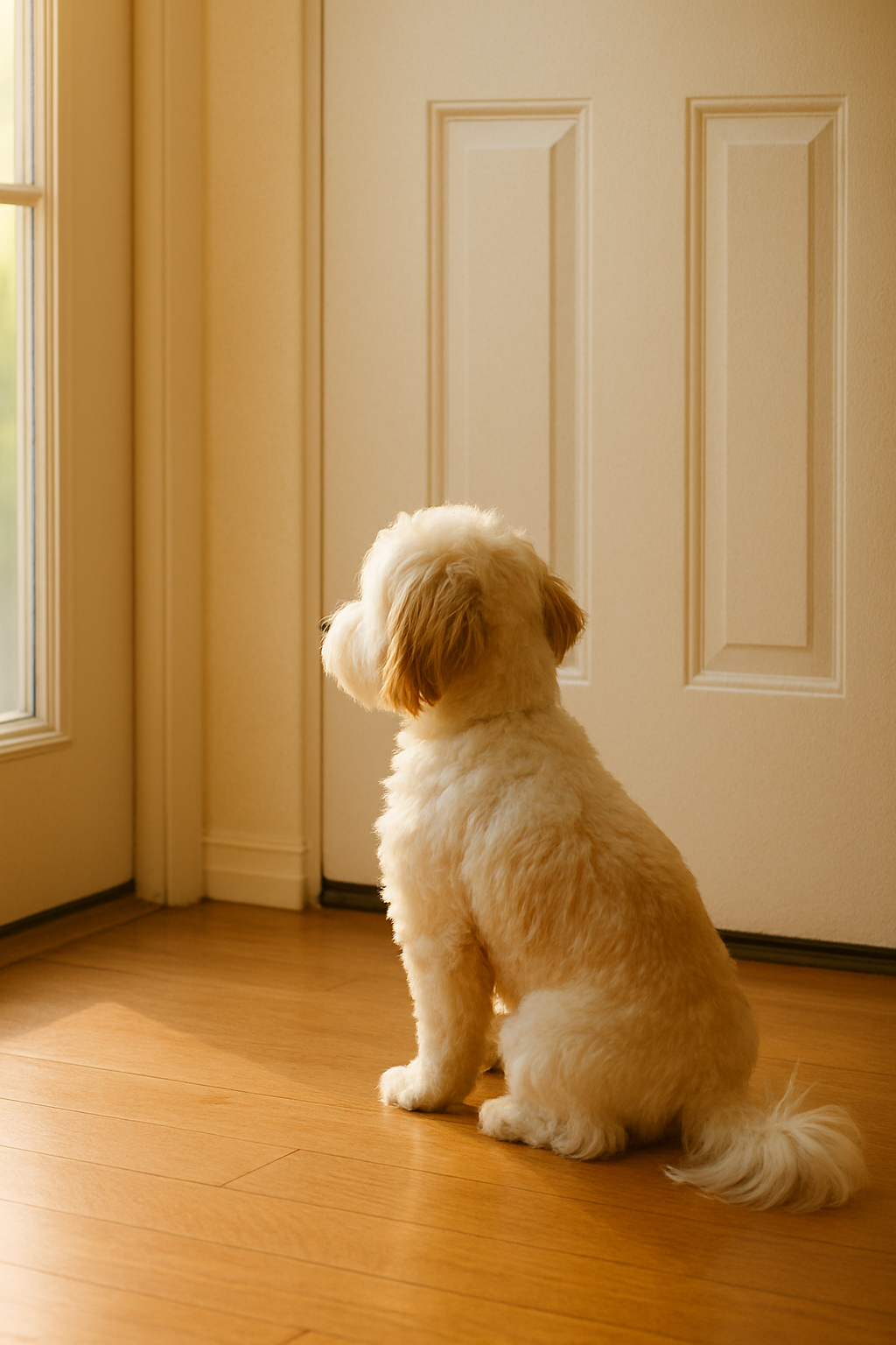 현관문 앞·창가에 앉아 보호자를 기다리는 강아지의 뒷모습