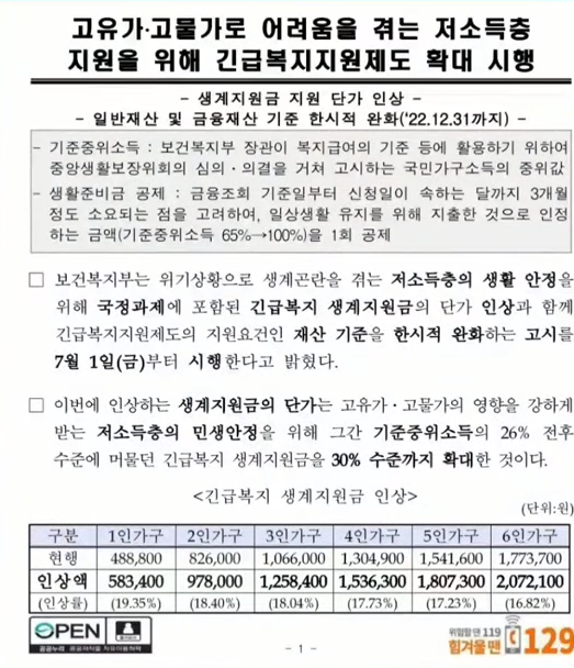 긴급복지 생계 지원금 공문