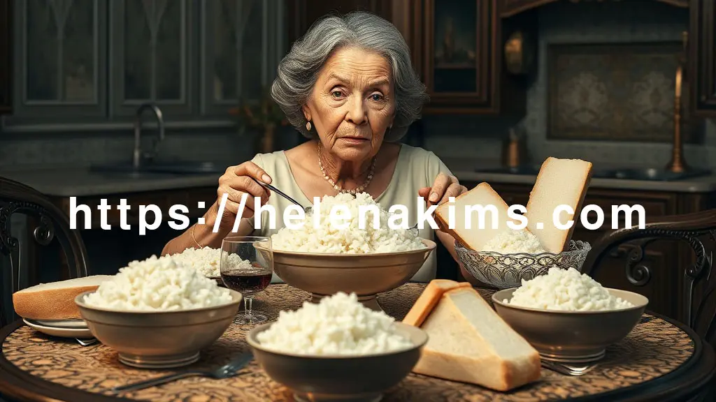 흰 쌀밥과 흰 빵 조각들을 식탁 위에 가득 차려 놓고 먹는 여성의 모습. 동시에 외적인 피부에는 깊은 주름과 탄력 저하를 유발하는 모습.