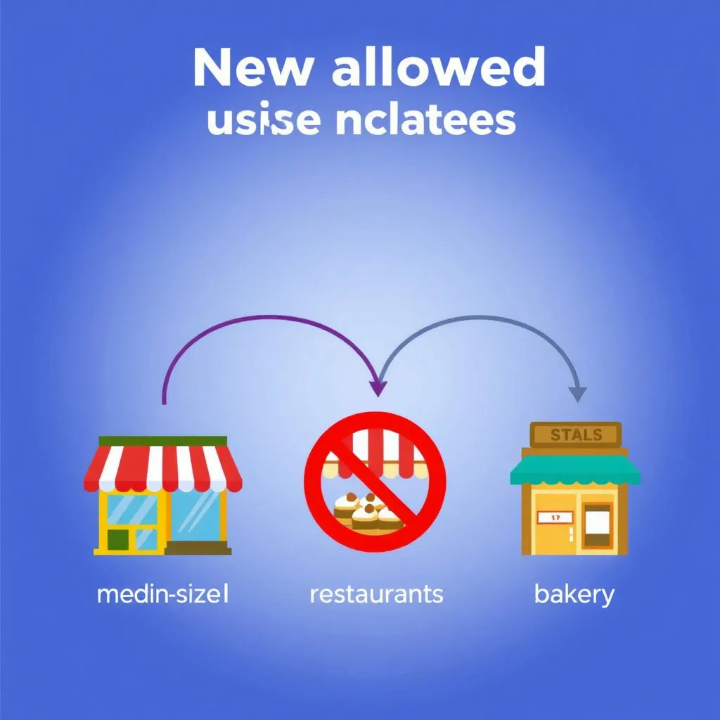 이전에는 제한되었던 곳(예: 중형 슈퍼마켓, 제과점)의 아이콘과 함께 허용되는 새로운 사용처들이 나열되어 시각적으로 쉽게 이해되도록 합니다. 혜택의 범위가 넓어졌음을 강조합니다.