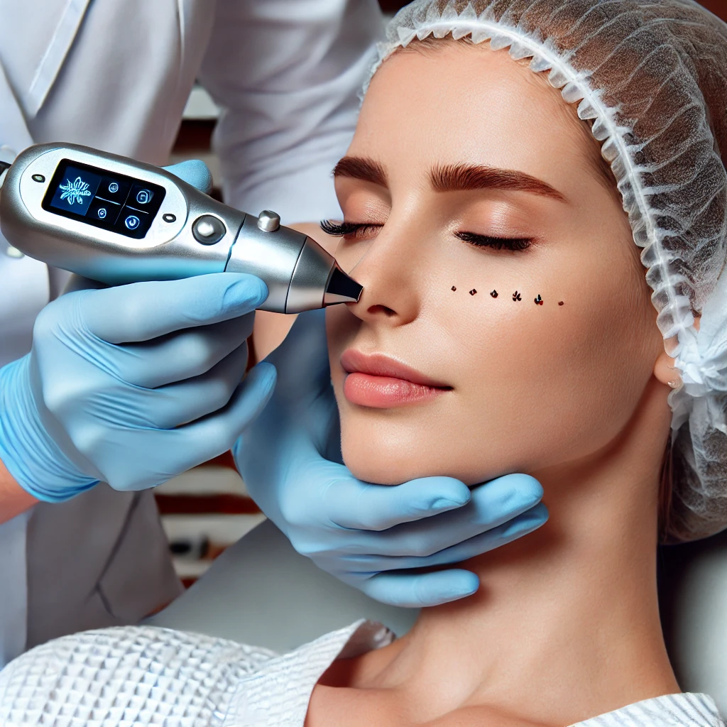 피부과에서 CO2 레이저로 점을 제거하는 장면, 정밀하게 피부 표면 문제를 치료