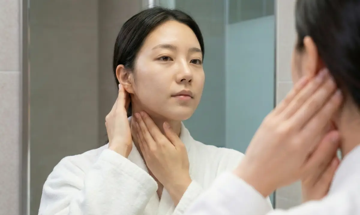 턱선과 목 라인을 따라 림프 마사지를 하는 모습