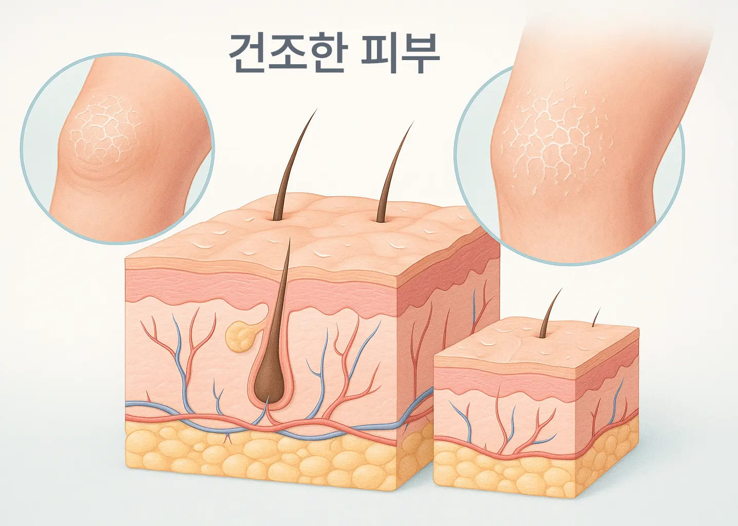 팔과 다리 피부 단면 확대, 피지선 분포가 적은 구조를 보여주는 의학 인포그래픽, 건조한 팔꿈치와 정강이 클로즈업, 하얗게 각질이 일어난 모습