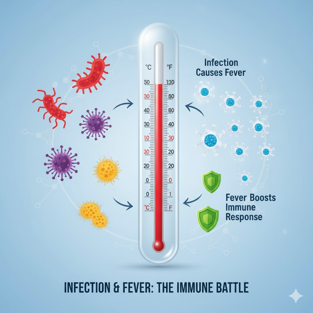 체온계와 미생물, 면역 세포를 상징하는 아이콘들이 함께 배치되어 감염과 발열의 관계를 보여주는 의료 일러스트