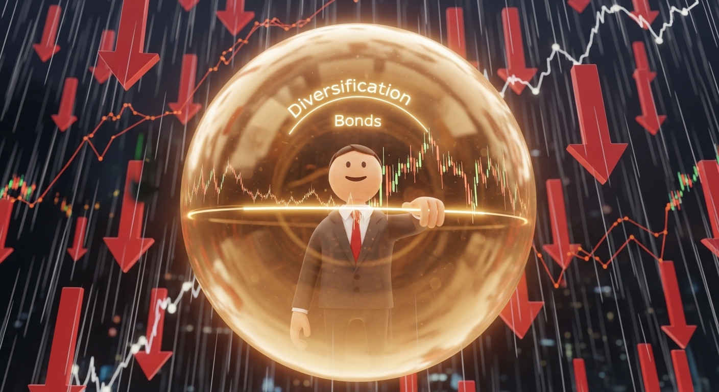 하락하는 붉은색 그래프들 사이에서 황금빛 보호막(자산 배분)을 치고 미소 짓는 투자자 캐릭터