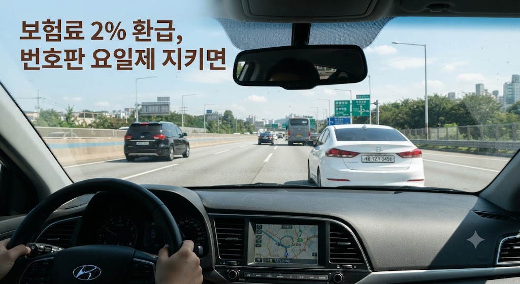 자동차 대시보드에서 바라본 도로와 번호판, 자동차보험 요일제 특약 안내 텍스트가 합성된 이미지