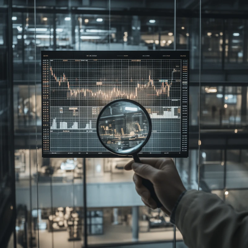정교한 거래실에서 주식 시장 화면 위에 돋보기를 들고 있는 투자자의 모습, 호기심과 참여가 잘 어우러진 순간. 섬세한 금융 그래픽과 주변 조명이 분위기를 더해주는, ETF 및 주식 시장 변동성을 탐색하는 장면입니다. 관련 키워드로는 주식 시장, 투자자 호기심, 금융 그래픽이 포함됩니다.