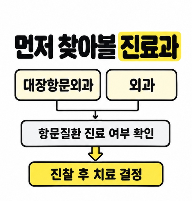 대장항문외과와 외과에서 항문질환 진료 여부를 확인하고 진찰 후 치료를 결정하는 흐름을 보여주는 그림