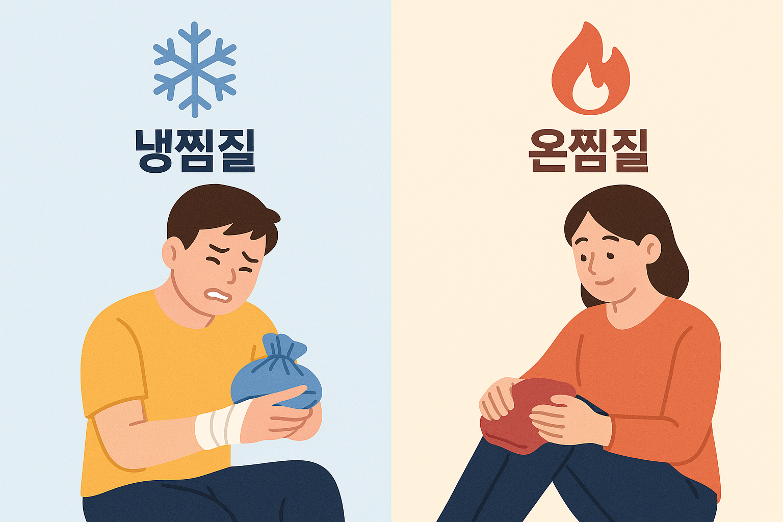 냉찜질과 온찜질을 비교하는 일러스트 – 통증 완화를 위한 찜질법 안내 그림