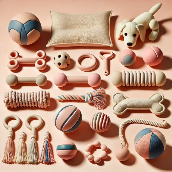 강아지의 안전한 놀이를 위한 씹기 장난감, 공, 로프 등 다양한 장난감이 정돈된 이미지