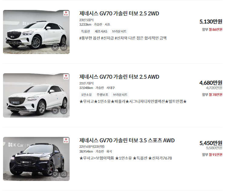 제네시스 GV70 중고차 가격 시세표 정리