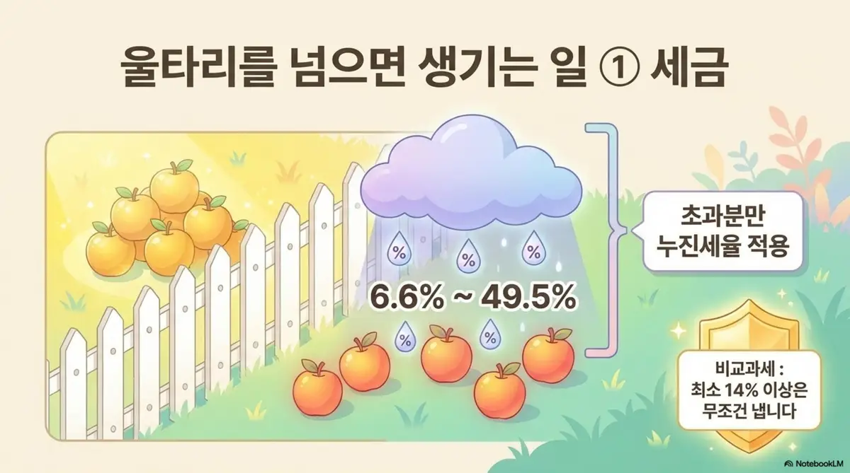 금융소득종합과세 기준: 금융소득이 2천만 원 울타리를 넘으면 생기는 세금 영향을 구름과 비로 표현한 인포그래픽 이미지. 울타리 밖 사과에 6.6%에서 49.5%까지의 누진세율이 빗방울처럼 내리고 있으며 비교과세로 최소 14% 이상은 무조건 낸다는 방패 아이콘이 표시되어 있다. 이 이미지는 금융소득종합과세 초과 시 누진세율 적용과 비교과세 구조를 시각적으로 전달하며 블로그의 금융소득 세율과 비교과세 설명과 관련된 내용을 설명함 