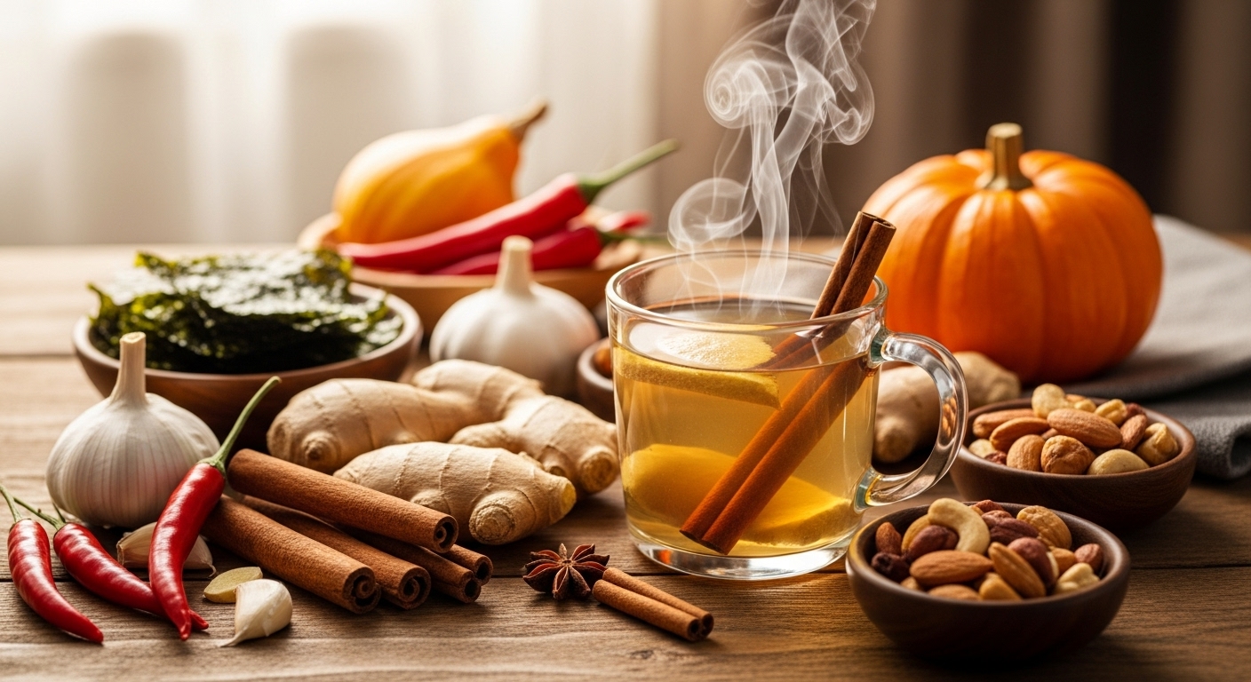 따뜻한 생강차와 계피, 마늘, 고추, 미역, 단호박, 견과류 등 몸을 따뜻하게 하는 음식들이 놓인 아늑한 주방 풍경