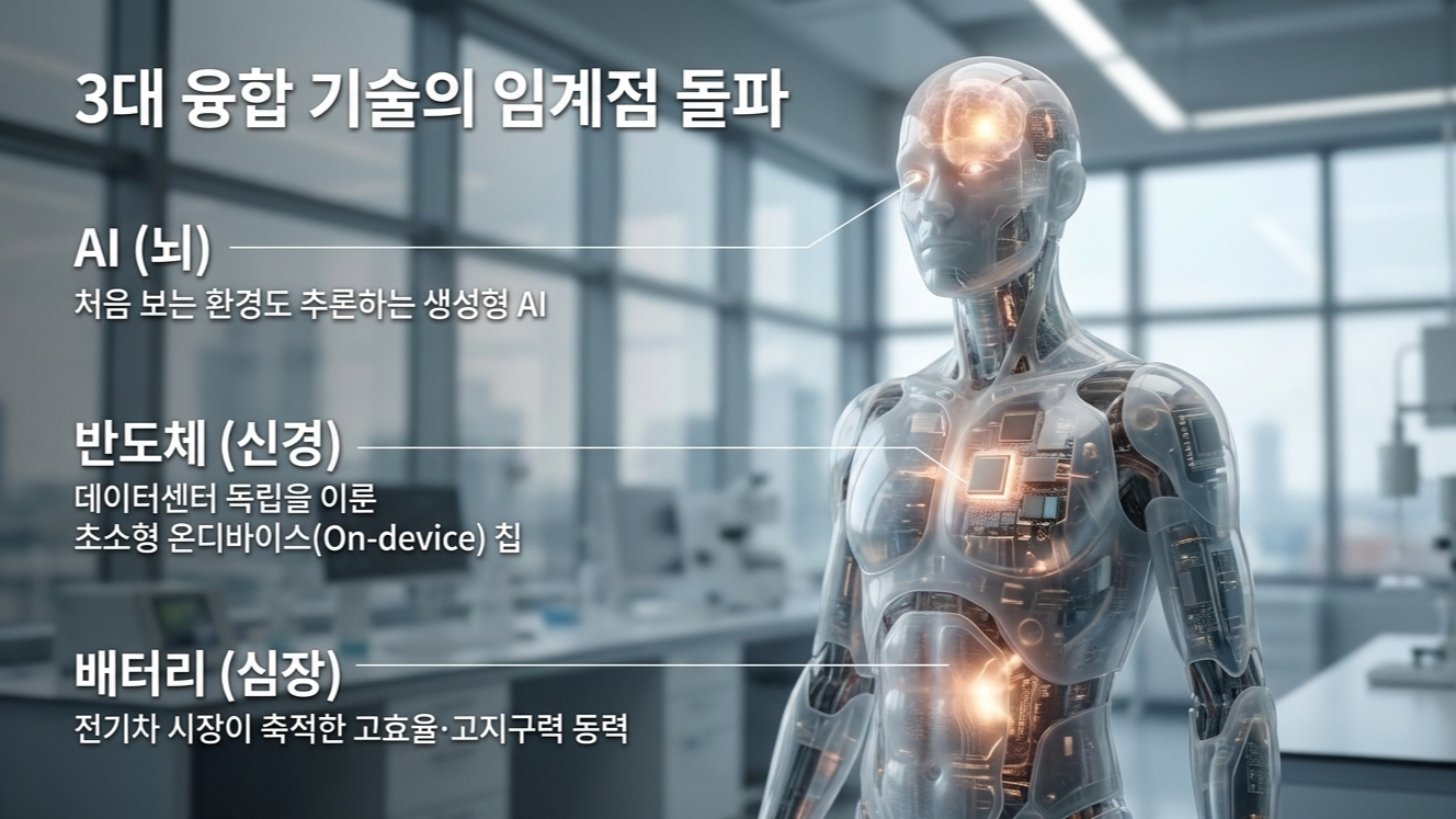 로봇산업의 3가지 축 설명 이미지( AI, 반도체, 배터리)(AI활용 생성이미지)