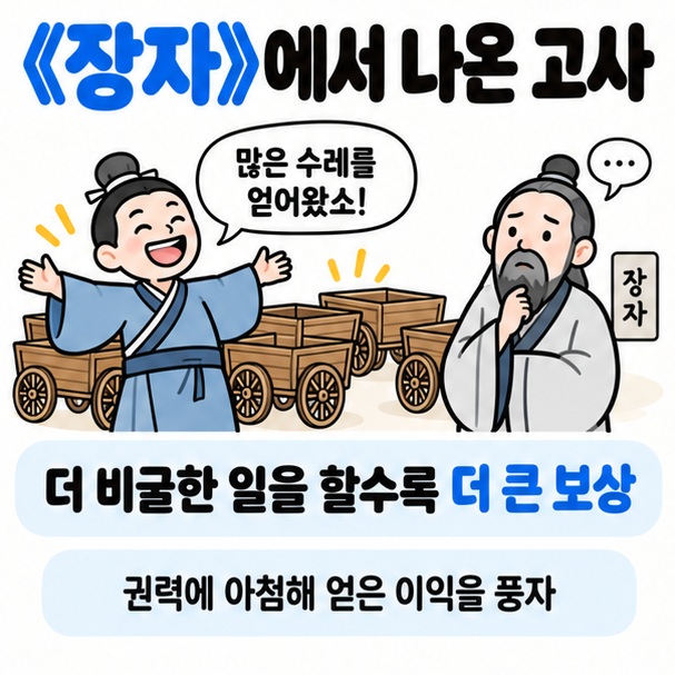 장자 열어구의 지치득거 유래를 수레와 권력자의 보상 장면으로 설명한 카드뉴스