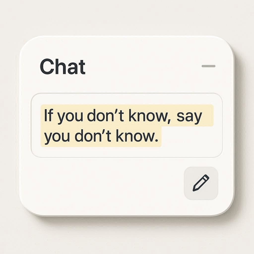 채팅 UI에서 질문 입력란에 연필 아이콘이 떠 있고, “모르면 모른다고 답변해” 문구가 포함된 프롬프트가 강조된 장면