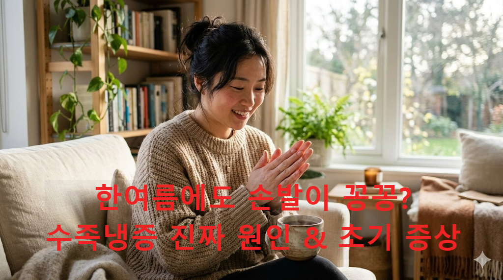 수면 양말과 얇은 가디건을 입고 따뜻한 차를 마시며 수족냉증 증상을 느끼는 여성의 모습