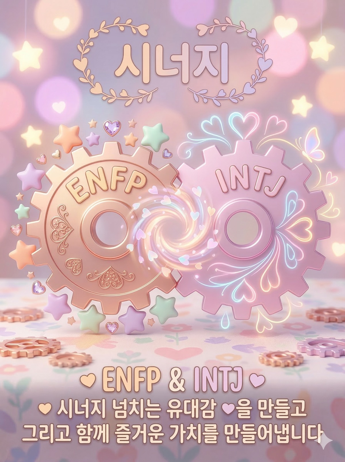 서로 다른 두 개의 톱니바퀴에 각각 ENFP와 INTJ가 적혀 있고, 이 두 톱니바퀴가 부드럽게 맞물려 돌아가며 시너지를 내는 일러스트