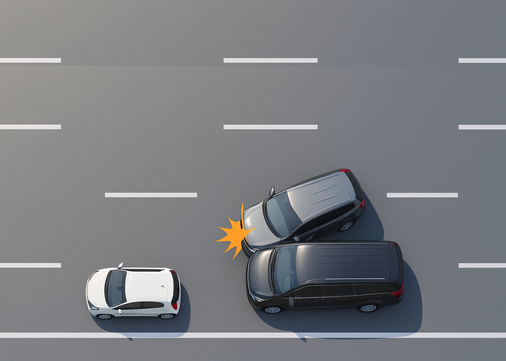 1차로 맨 앞에는 흰색 소형차가 주행 중이며, 그 뒤쪽에서 회색 SUV가 2차로에서 1차로로 급히 진입하다가 1차로를 달리던 검은색 미니밴의 오른쪽 측면(조수석 부분)과 충돌하는 장면