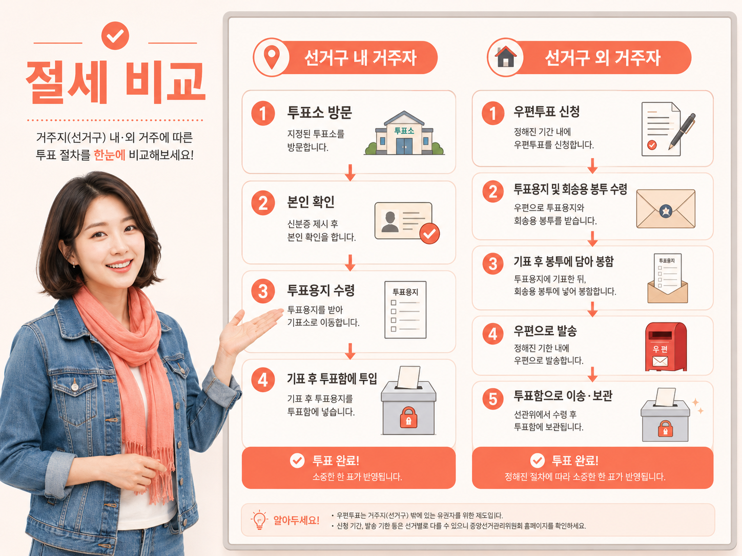관내 선거인과 관외 선거인의 사전투표 동선 및 절차 비교 다이어그램