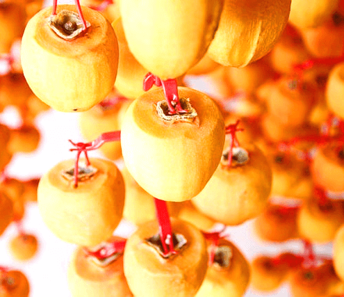 단감의 껍질을 깎아서 줄에 꿰인 모습이다. 곶감을 만들기 위해 여러개가 줄에 매달려 있다.