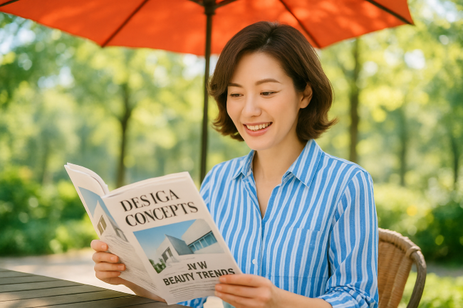 야외 카페에서 스트라이프 셔츠 원피스를 입고 잡지를 읽는 40대 여성의 밝은 모습