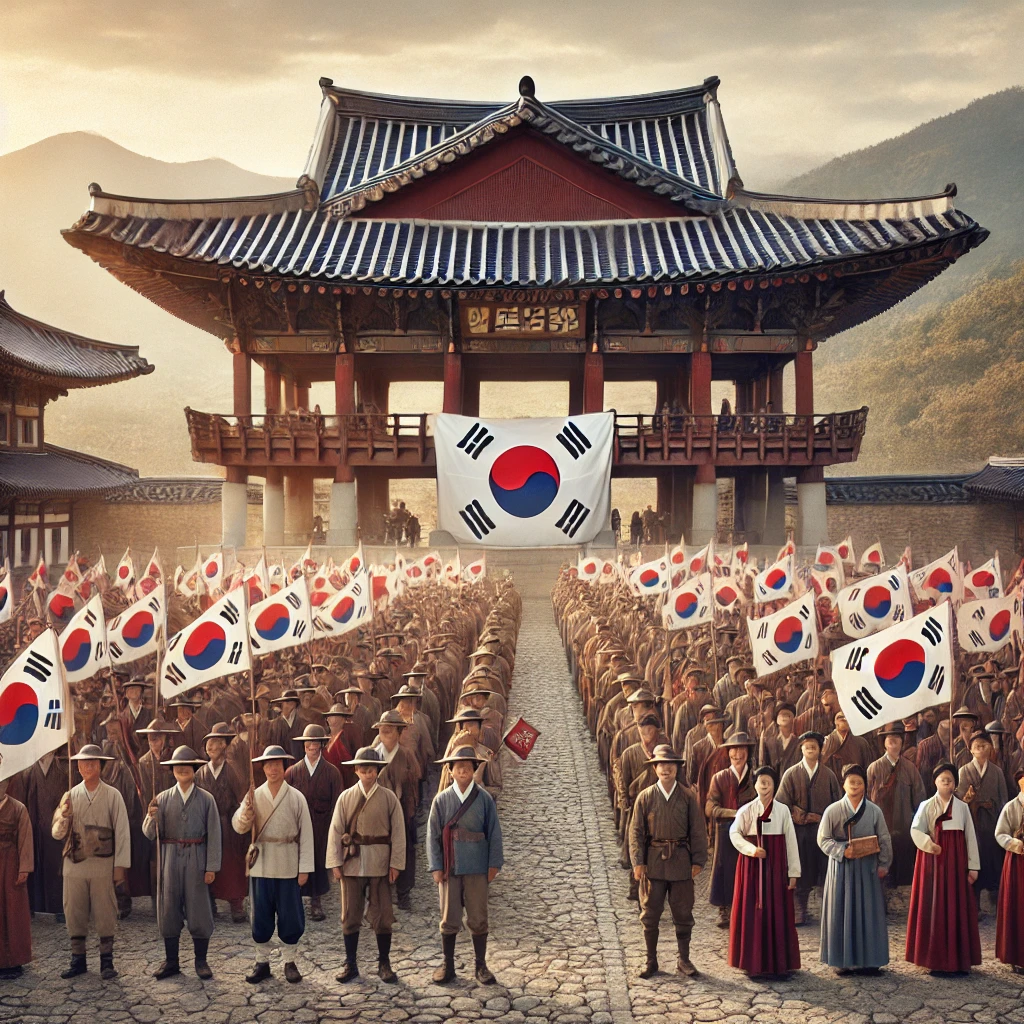 삼일절 만세 운동 장면을 묘사한 실사화 이미지