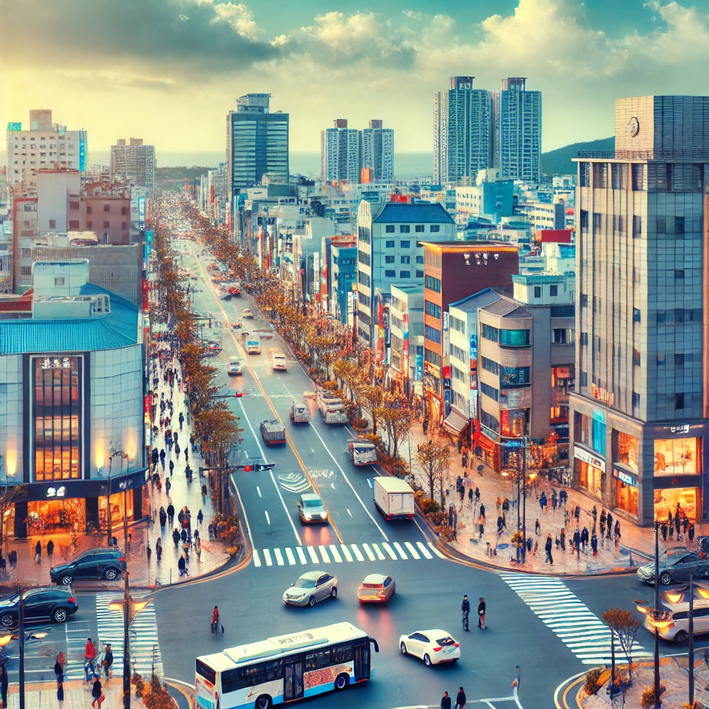 제주도 시내의 현대적인 건물과 바쁜 거리, 전통과 현대가 조화를 이루는 풍경