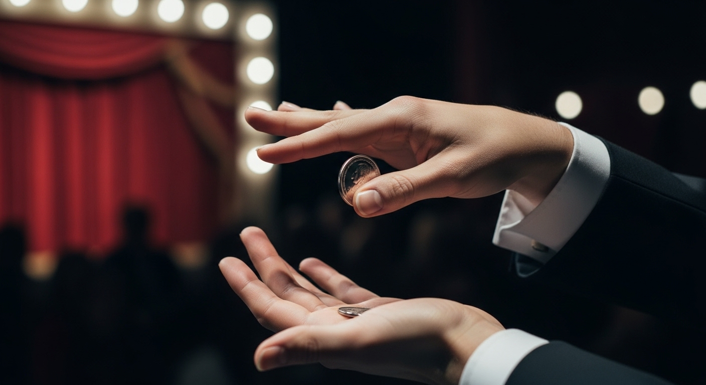 마술사가 동전을 감쪽같이 사라지게 하는 손 기술 클로즈업.