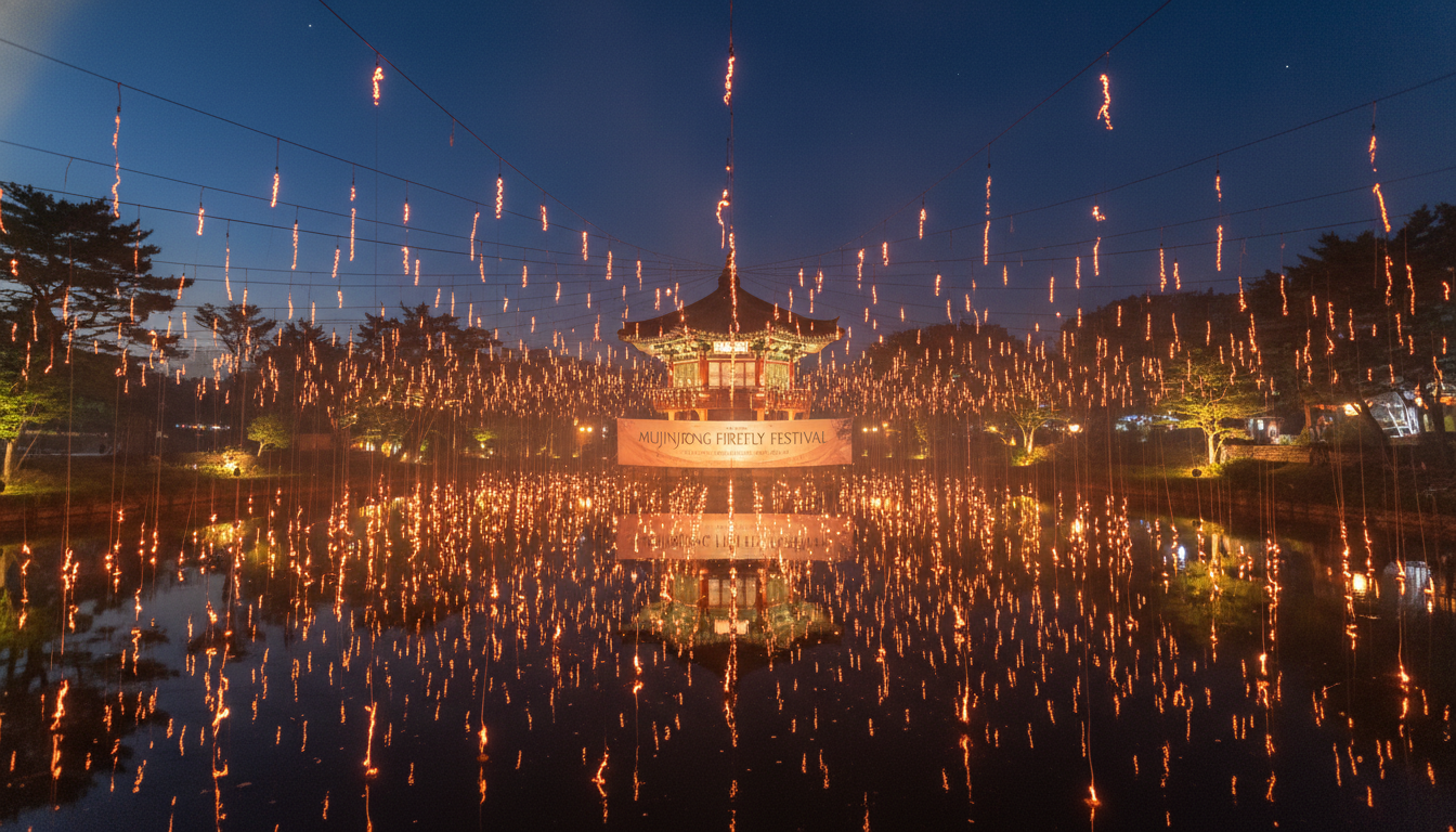2026년 함안 무진정 낙화축제에서 불꽃이 비처럼 쏟아지는 환상적인 야경