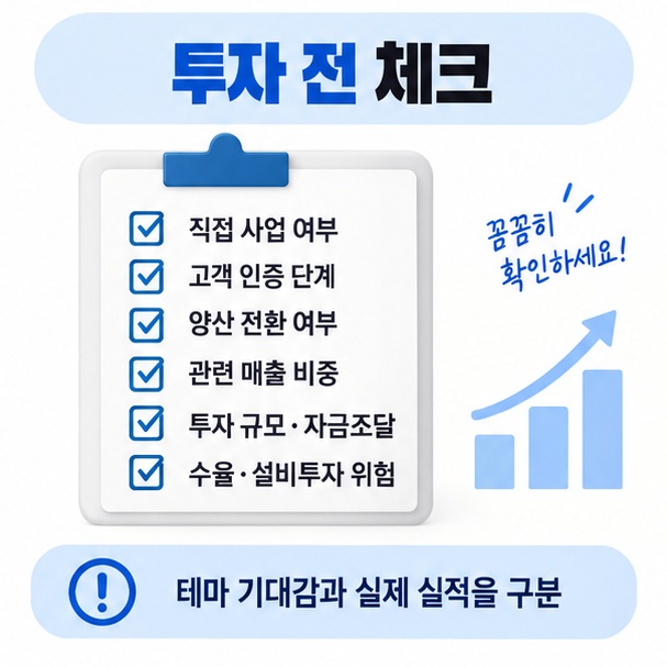 직접 사업 여부 고객 인증 양산 단계 투자 규모 매출 기여도 수율과 설비투자 위험을 확인하는 투자 체크리스트 이미지
