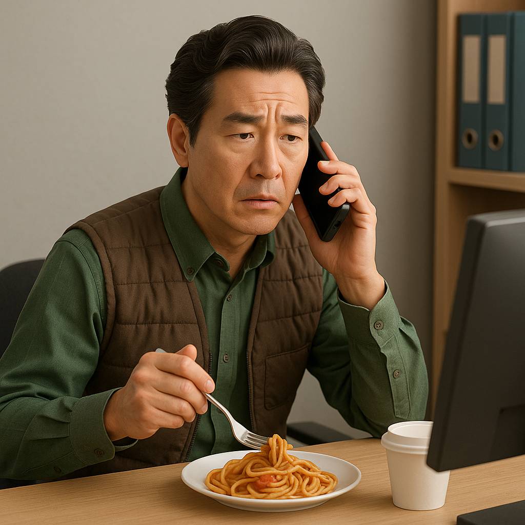 점심시간 중 전화 업무를 하며 식사하는 중년 남성 근로자의 모습. 휴게시간에도 업무를 지시받는 현실을 표현한 3D 일러스트.