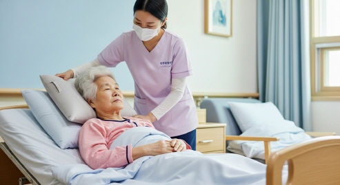 침대에 누워있는 1등급 대상 어르신