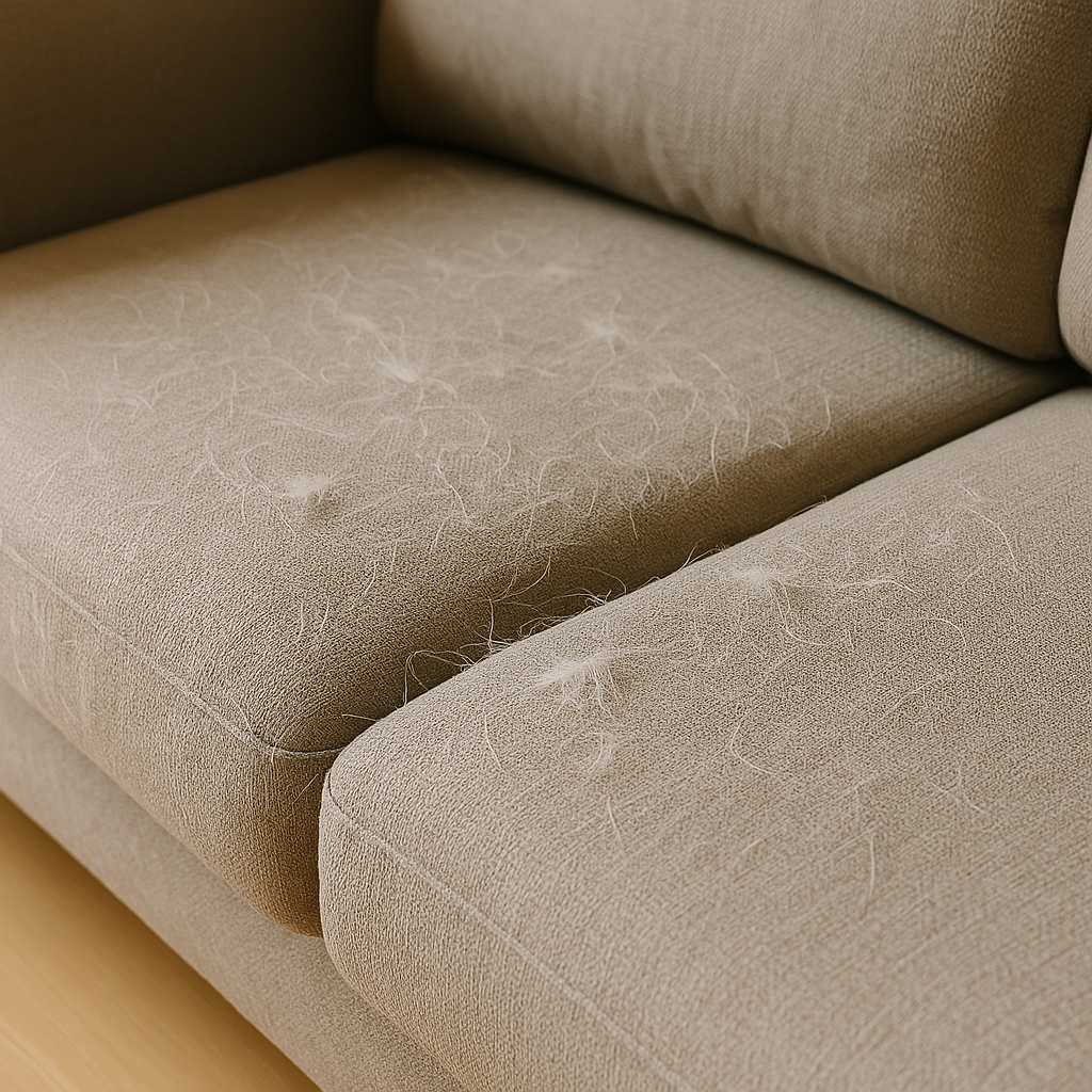 베이지색 패브릭 소파 위에 고양이 또는 강아지 털, 먼지가 고루 쌓여 있는 모습