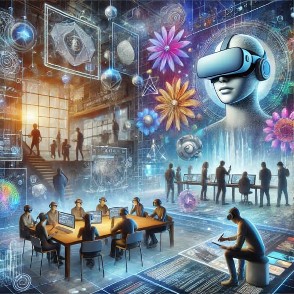 인터랙티브 디지털 아트 전시 모습, AR/VR 콘텐츠 체험 장면, 팀 프로젝트 회의 및 협업하는 모습, 코드와 디자인 도구가 결합된 작업 환경