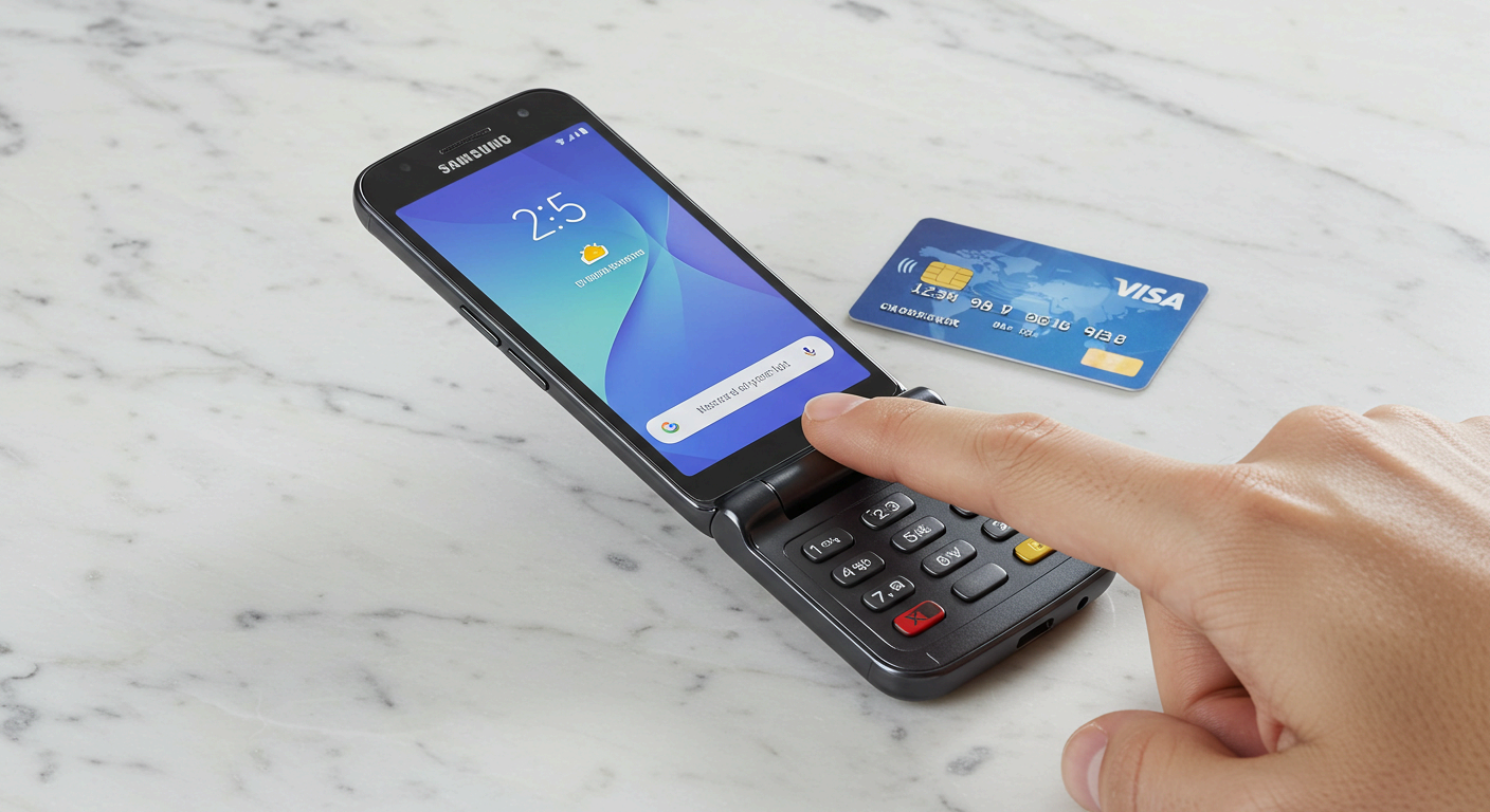 삼성 갤럭시 스마트폰 화면에서 손가락으로 카드 포인트 현금화 기능을 누르는 모습, 옆에는 신용카드가 놓여 있는 장면.