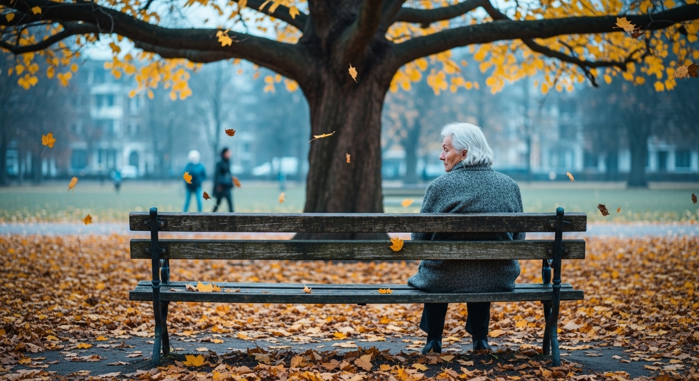 공원 벤치에 혼자 앉아 생각에 잠긴 노인의 모습. 상실감과 고독감을 나타냅니다.