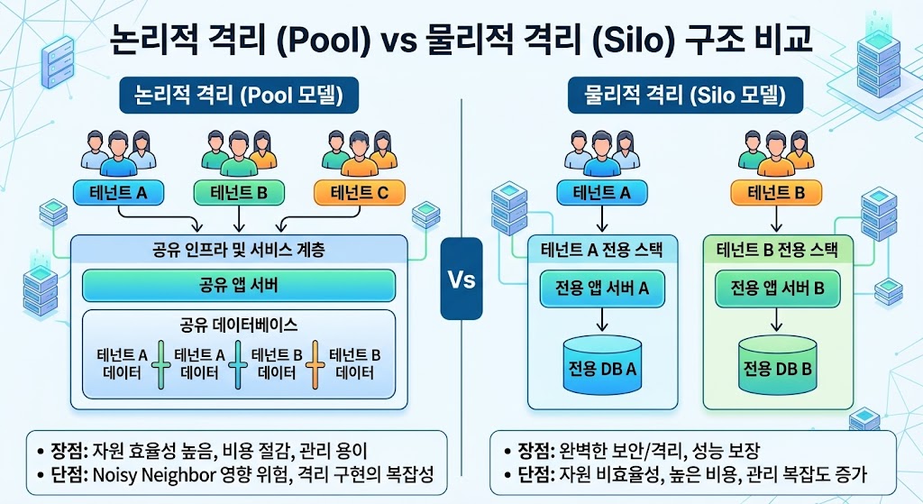 Silo 패턴의 독립적 인프라 구조와 Pool 패턴의 공유 리소스 기반 데이터 격리 구조를 비교한 아키텍처 다이어그램.