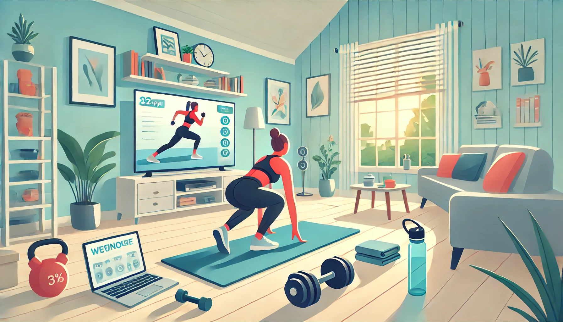 거실에서 운동매트를 깔아두고 홈 트레이닝을 하는 여성