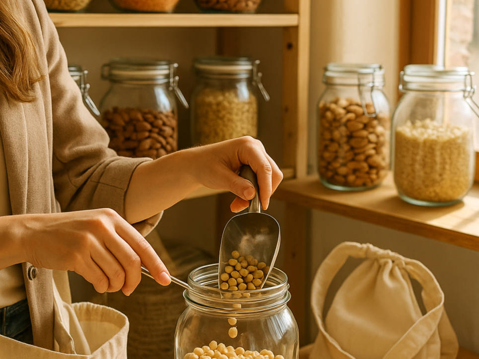 리필스테이션에서 유리용기에 곡식을 리필하는 모습