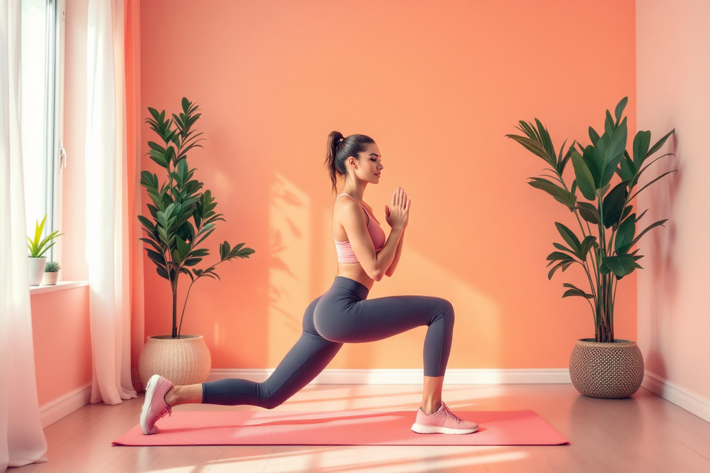 런지를 정확한 자세로 하고 있는 여성 이미지