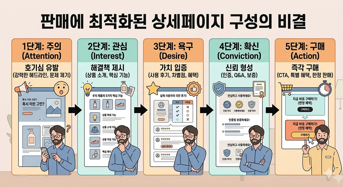 판매 성과를 높이는 최적화된 상세페이지 구성 요소 5단계 인포그래픽