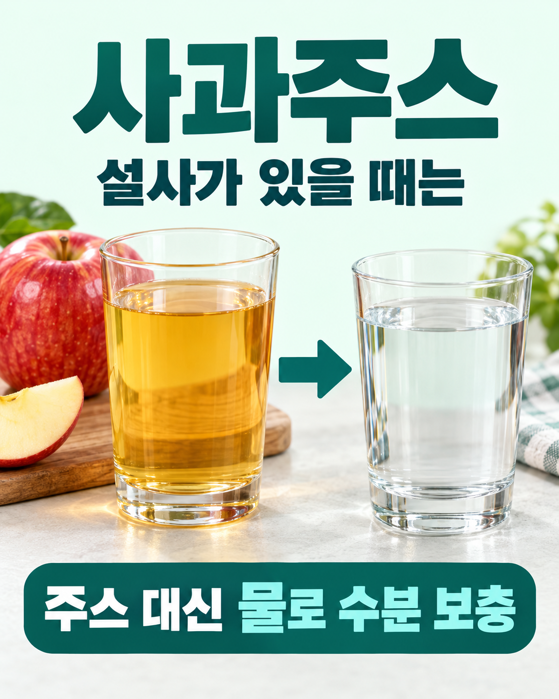 사과주스 실사 비교. 설사가 있을 때: 사과주스 250mL 한 잔; 수분 보충: 주스 대신 물